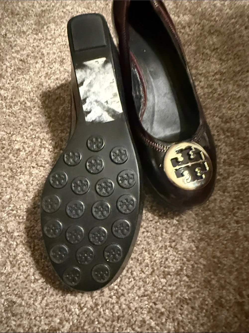 Tory Burch Burgundy Patent Logo Round-Toe Ballet Flats